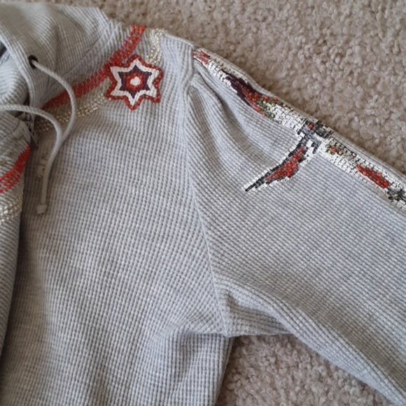 Free People Beaded Waffle Knit Gray Tribal Hoodie - Picture 3 of 6
